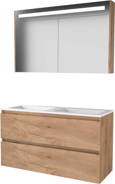Basic Premium 46 badmeubelset met spiegelkast met geïntegreerde LED verlichting, greeploze onderkast met 2 lades en acryl wastafel met 2 kraangaten
