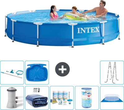 Intex Rond Frame Zwembad - 366 x 76 cm - Blauw - Inclusief Pomp - Solarzeil - Onderhoudspakket - Filter - Grondzeil - Schoonmaakset - Ladder - Voetenbad - 9-delig