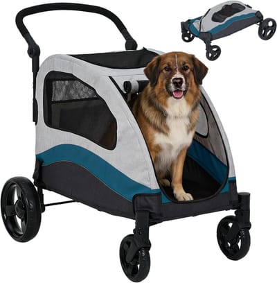 Hondenbuggy - Stevige, opvouwbare hondenbuggy - 360° draaibare wielen - Afneembare draagmand - Verstelbare duwstang - Opbergvak - 108 × 94 × 72 cm