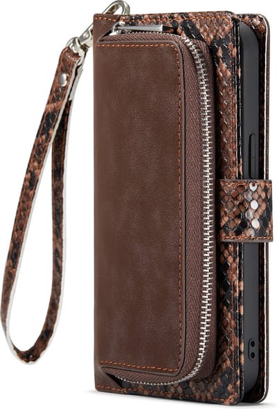 Casemania Hoesje Geschikt voor Apple iPhone 13 Mini - Bruin - Luxe Wallet Bookcase met Rits Pasjeshouder en Standaard - Kunstleer Portemonnee Telefoonhoesje met Slangenstructuur en Extra Opbergruimte