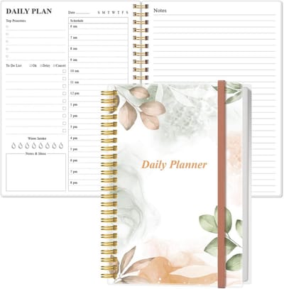 Niet-gedateerde A5 dagplanner met tijdschema en notities | PVC-hardcover, binnenste zak, elastische sluiting, 14,8 x 21,5 cm, roze leaf