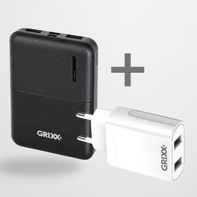 GRIXX Powerbank Bundel 5000 mAh + USB Oplader 2x USB-A – 2 USB-poorten – Voor iPhone, Samsung & Smartphones – Wit