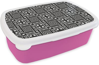 Broodtrommel Roze - Lunchbox - Brooddoos - Geometrie - Patroon - Zwart - 18x12x6 cm - Kinderen - Meisje