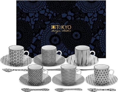 Tokyo Design Studio - Nippon Black Espresso Serviesset - 18-delig - 6 Personen - Porselein - Zwart/Wit