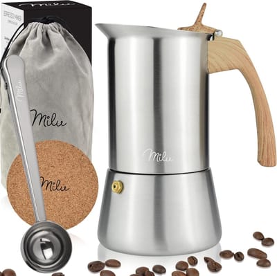 Espressomachine voor inductie - 2, 4, 6, 9 kopjes, roestvrij staal, incl. onderzetter en lepel in houtlook