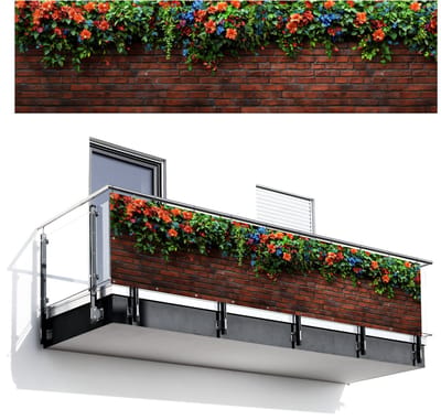 Balkonscherm 300x80 cm - Balkonposter Bloemen - Muur - Groen - Oranje - Balkon scherm decoratie - Balkonschermen - Balkondoek zonnescherm
