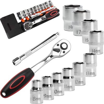 12-Piece Socket Wrench Set With 3/8" Ratchets 8mm - 19mm Hex Bit Sockets And Extension 150 mm Reversible Ratchet Made Of Cr-V Including Push-Button Release
