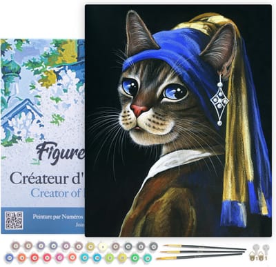 Figured'Art Schilderen op Nummer Volwassenen met lijst - Het jonge katje met de parel - Handwerk acrylverf Kit DIY Compleet - 40x50cm Canvas al ingelijst