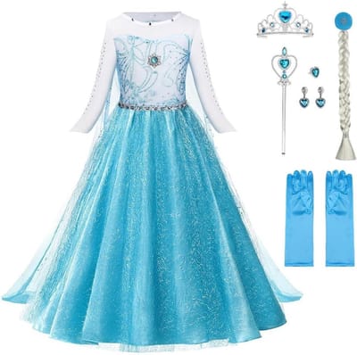 Meisjes Prinsessen Kostuum met Tiara, Handschoenen en Toverstaf - 6-delige Set voor Kerst, Carnaval en Halloween