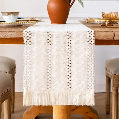 tafelloper, beige, 30 x 140 cm, decoratief tafelkleed van katoen en linnen, macramé boho met kwastjes, wasbaar, voor bruiloften, keuken, vintage boerderijdecoratie, rustieke landelijke stijl