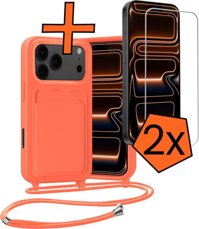 Hoesje Geschikt voor iPhone 17 Pro Max Hoesje Met Telefoonketting Pasjeshouder Case Met 2x Screenprotector Koord - Hoesje Geschikt voor iPhone 17 Pro Max Hoes Met Kaarthouder - Papaya