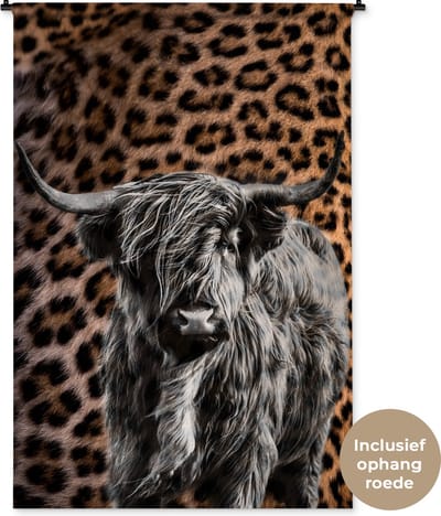 Wandkleed - Wanddoek - Schotse hooglander - Zwart - Panter - 120x180 cm - Wandtapijt