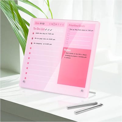 Verdikte Acryl Dry Erase Board to do List Planner Board, 30,5 cm x 25,4 cm, tafelblad whiteboard met standaard, frameloos roze droog wissen wit bord, voor kantoor/thuis/school