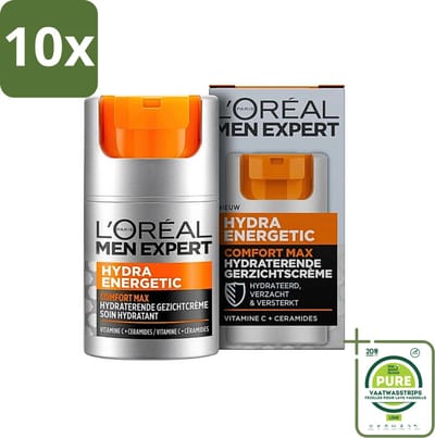 10 x L'Oréal Paris Men Expert Hydra Energetic Comfort Max - Dagcrème - Hydraterend voor Droge Huid - 50 ml - Grootverpakking - Dagcrème Voor Mannen - Hydratatie Voor Droge Huid - Huidvermoeidheid - Gezondheid Van De Huid - Crème Na Het Scheren