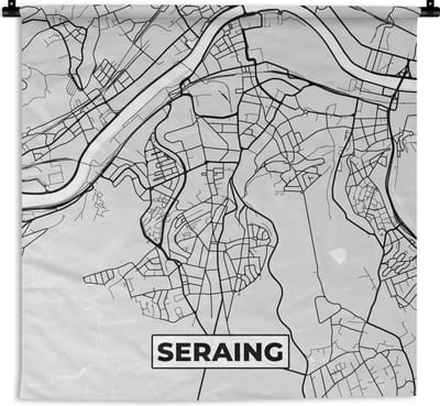Wandkleed - Wanddoek - Plattegrond – Seraing – Zwart Wit – Stadskaart - Kaart - 180x180 cm - Wandtapijt