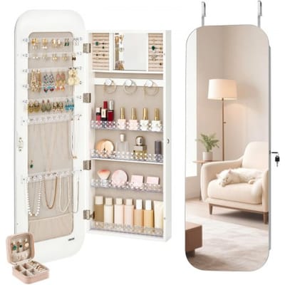 VEVOR Sieradenkast 108 cm hoog, grote spiegel met opbergruimte, wandmontage/over de deur, sieradenkast organizer, afgerond design, afsluitbaar met 2 sleutels & reisorganizer, wit
