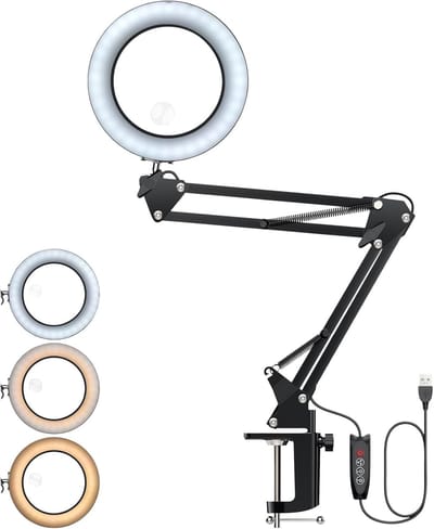 LED Vergrootlamp met Zwenkarm en Dimbare Verlichting – 8X/15X Vergrootglas met 3 Kleurmodi en 10 Helderheidsniveaus voor Werkbanken