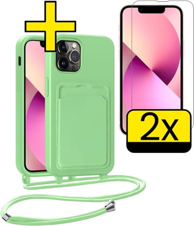 Hoesje Geschikt voor iPhone 13 Pro Telefoonhoesje Met Koord Case Pashouder Met 2x Screenprotector Siliconen - Hoes Geschikt voor iPhone 13 Pro Hoesje Met Kaarthouder - Groen