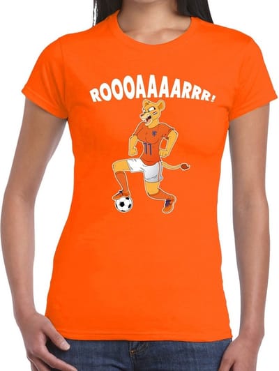 Nederland supporter t-shirt dameselftal Leeuwin roooaaaarrr met bal oranje dames - landen kleding XS