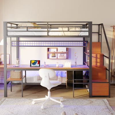 STILVORA Stapelbed 140x200 cm – Hoogslaper Met Onderbed 90x200 – Met Bureau, LED & Stopcontact – Opbergvak + Stoffen Lades – Metaal;MDF – Zwart – Zonder matras