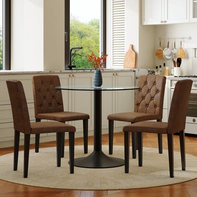 MODENUIT Eettafelset 85 cm - Ronde Glazen Tafel Met 4 Stoelen - Voor Eethoek En Café - Glas Metaal Bruin Zwart