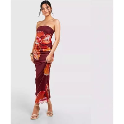 Dames Strak Strapless Sexy Mouwloos Jurk Mesh Geplooid Print L brown