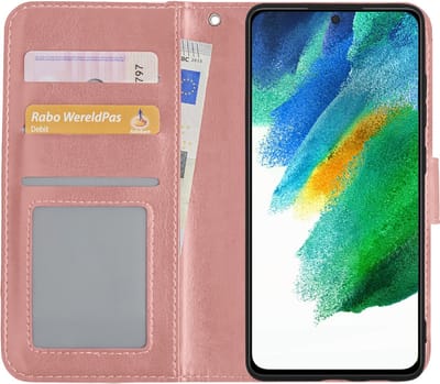 Hoesje Met Pasjeshouder - Geschikt voor Samsung Galaxy S21 FE - Luxe Bookcase Portemonee - Flip Case - Kunstleer Book Case - Flipcase - Book Cover - Walletcase - Portemonneehoes - Rosé goud