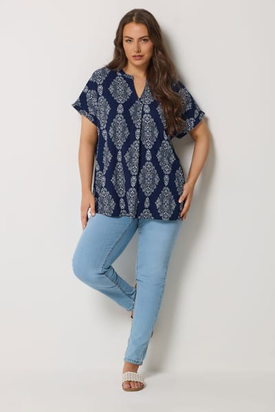 Yours Marineblauwe Top Met Paisleyprint En Plooien Aan De Voorkant Size 42