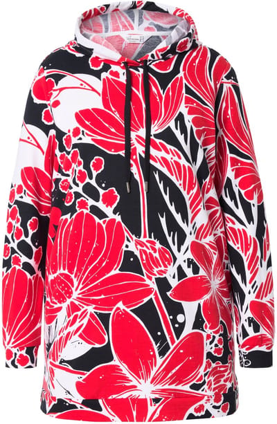 MIAMODA - Dames - Hoodie bloemenpatroon capuchon lange mouwen - Neonrood - Maat 42