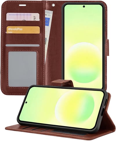Hoesje - Met Pasjeshouder - Geschikt voor Samsung Galaxy A57 - Luxe Bookcase Portemonee - Flip Case - Kunstleer Book Case - Flipcase - Book Cover - Walletcase - Portemonneehoes - Telefoonhoesjes - Bruin