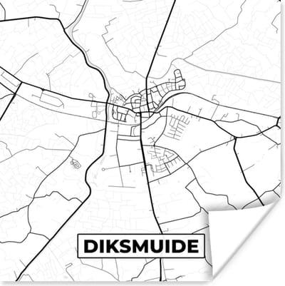 Poster Zwart Wit – België – Plattegrond – Stadskaart – Kaart – Diksmuide - 100x100 cm XXL