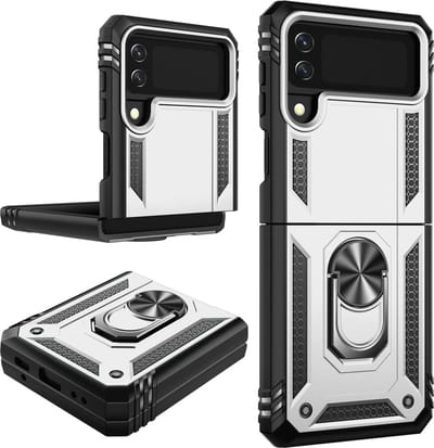 Hoesje Geschikt Voor Samsung Galaxy Z Flip 3 5G hoesje Hybrid Armor Anti-Shock hoesje Zilver - Galaxy Z Flip 3 5G / Z Flip 3 Hoesje kickstand Ring houder cover TPU backcover hoesje