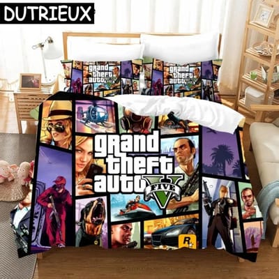 Game GTA Beddengoedset met Print Grand Theft Auto 5 Cartoon Dekbedovertrek Kussensloop Eenpersoons Tweepersoons Kingsize Anime Dekbedovertrek Beddengoed EU Single 135x200cm