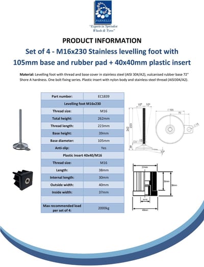 Roestvrijstalen voet M16x230, voetplaat 105 mm, onderlegplaatje en bevestigingsgat + inzetstuk 40x40x1,5 mm – Set van 4