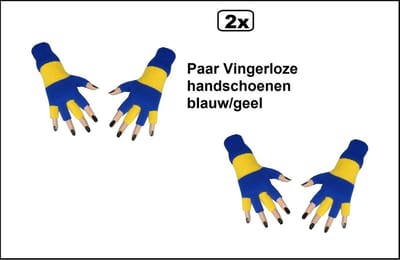 2x Paar vingerloze handschoen blauw/geel - Feest festival thema feest party optocht themafeest