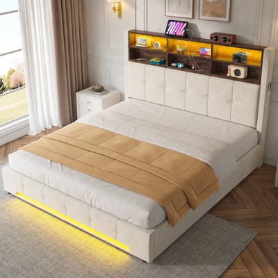 MIVRAY Bed 160x200 cm - Zonder Matras met 6 Vakken, Zijvakken, USB C en Ledverlichting - Hydraulische Opbergruimte - Fluweel - Beige