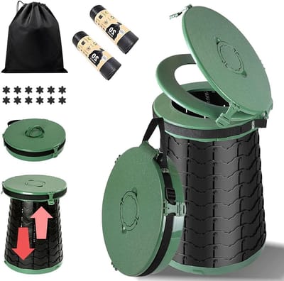 Draagbaar campingtoilet - Diameter 38 cm, hoogte 8-50 cm, opvouwbaar en wasbaar - Inclusief 20 biologisch afbreekbare vuilniszakken (groen)