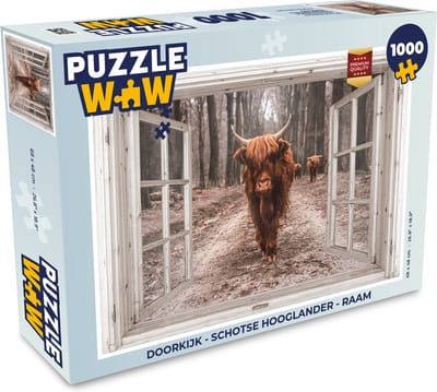 Puzzel Doorkijk - Schotse Hooglander - Raam - Legpuzzel - Puzzel 1000 stukjes volwassenen