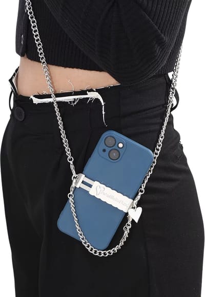 Chain Diagonal Cross Chain Phone Clip – Grijs – Verstelbare Schouder- en Kruisband met Ketting voor Smartphone, Handsfree en Veilig Dagelijks Gebruik