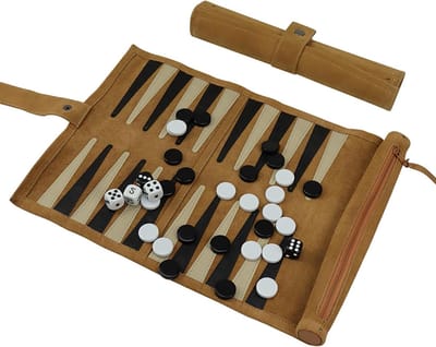 Backgammon Leer - Reisspel Leer - Reizen en Spelen - Handgenaaid - 34 x 26 cm - Bruin
