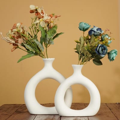 Vaas, set van 2 witte decoratieve holle donutvazen van keramiek voor pampasgras bloemen, tafeldecoratie voor bruiloften, feesten, woonkamer, kantoor, moderne woondecoratie
