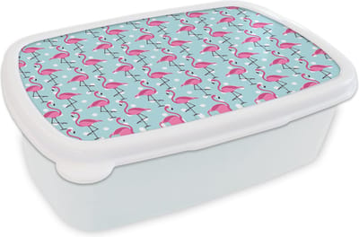 Broodtrommel Wit - Lunchbox - Brooddoos - Flamingo - Stippen - Dieren - Patroon - 18x12x6 cm - Volwassenen