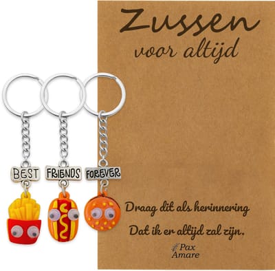BFF Sleutelhanger voor 3 'Zussen voor altijd' - Fast Food Friends - Sleutelhanger set op Cadeau Kaartje Sleutelhanger set - Zilverkleurig - Vriendschap Symbool - Pax Amare