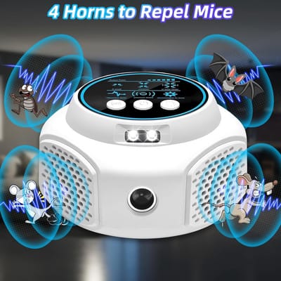 Ultrasone muizenverjager met verlichting, 360° muizen verdrijven voor thuisgebruik, ultrasone muizenverjager voor de bestrijding van ratten, mieren en insecten，wit