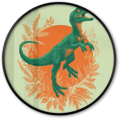 Poster in lijst Rond - Fotolijst 60x60 cm - Posters - Dinosaurus - Groen - Planten - Cirkel - Ronde posterlijst zwart - Decoratie - Wanddecoratie woonkamer - Muurdecoratie slaapkamer