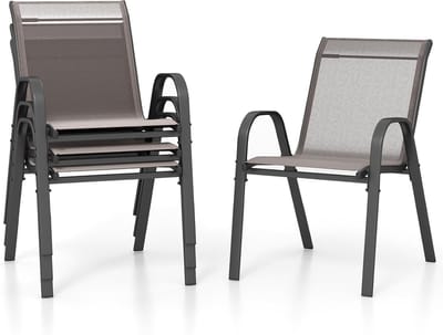 COSTWAY Set van 4 stapelbare tuinstoelen, stapelstoelen van textiel en metalen frame, terrasstoelen met armleuningen, balkonstoelen, belastbaar tot 150 kg, 56 x 70 x 84 cm, grijs