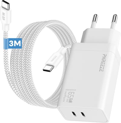 Phreeze usb C snellader 65 W met kabel 3 meter - Power Delivery oplader met 2 usb C poorten - voor laptop, telefoon & tablet