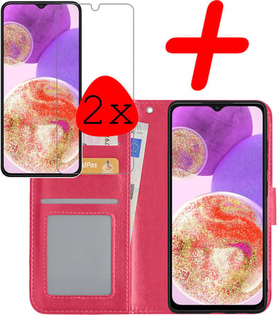 Hoesje Met 2x Screenprotector - Geschikt voor Samsung Galaxy A23 - Luxe Pasjeshouder - Bookcase Portemonee - Flip Case - Kunstleer Book Case - Flipcase Hoes - Book Cover - Walletcase - Portemonneehoes - Donkerroze