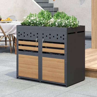 BLACKCOLORS Afvalcontainer voor 2 vuilnisbakken met groendak voor 2 ton 120-240 liter antraciet deur met houtlook met uitbreidingsmogelijkheid opbergbak voor vuilnisbakken vuilnisbak