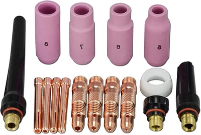 JGS Premium - 16-delige set TIG-spantanglichamen en -achterkappen met aluminiumoxide en cuppakking - Geschikt voor WP 17, 18 en 26 - 10N30 10N31 10N32 10N28 406488 57Y02 57Y03 57Y04 10N46 10N47 10N48 10N49 18CG Kit